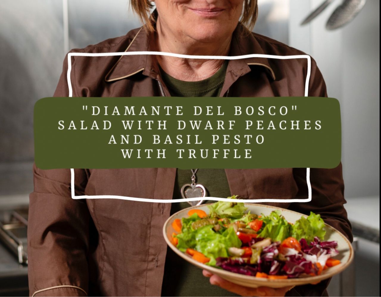 Truffle salad with dwarf peaches and basil pesto with truffle Savini